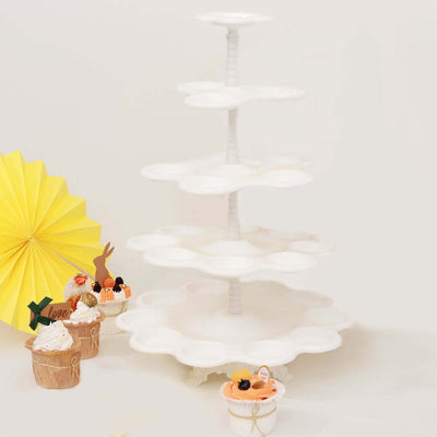 5-Tier Plastic Cupcake Holder Stand White - Dessert Tower with Scalloped Edge Design Versatile Display for Sweet Treats 18"