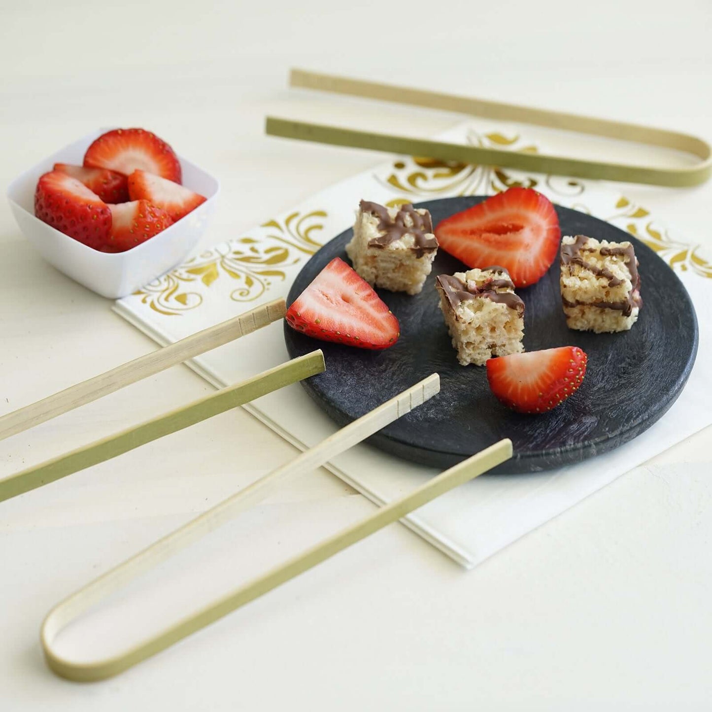 50 - Pack Bamboo Wooden Tongs Disposable Flatware Eco Friendly Natural - Biodegradable Party Serving Utensils 6" - Linen Luxes