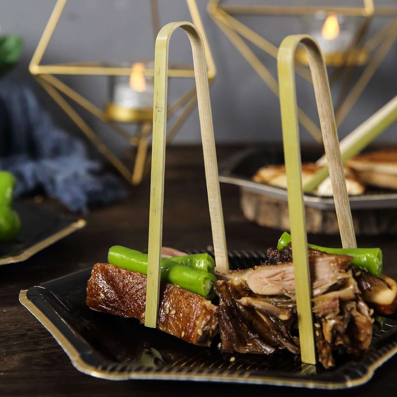 50 - Pack Bamboo Wooden Tongs Disposable Flatware Eco Friendly Natural - Biodegradable Party Serving Utensils 6" - Linen Luxes