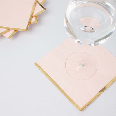 50-Pack Paper Beverage Napkins with Gold Foil Edge Blush - Disposable 2 Ply Cocktail Napkins for Events 6.5"x6.5"