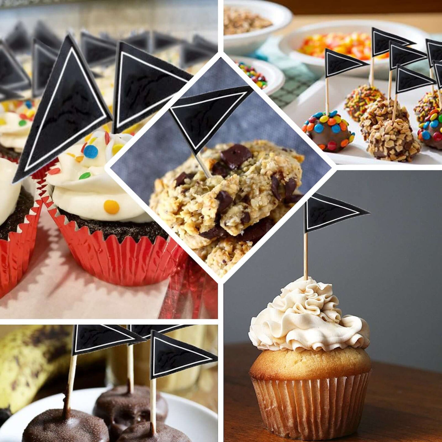 50 - Pack Cupcake Topper Picks Black Triangle Flag Design - Food and Cocktail Decorations for Celebrations 3" - Linen Luxes
