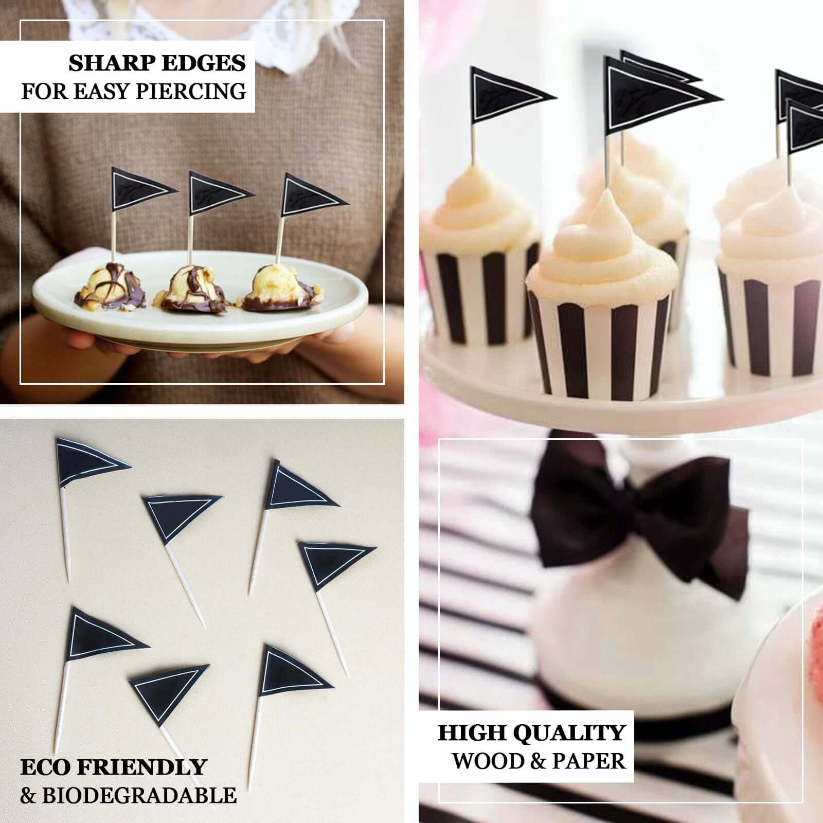 50 - Pack Cupcake Topper Picks Black Triangle Flag Design - Food and Cocktail Decorations for Celebrations 3" - Linen Luxes