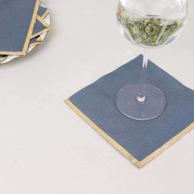 50-Pack Paper Beverage Napkins with Gold Foil Edge Dusty Blue - Disposable 2 Ply Cocktail Napkins for Events 6.5"x6.5"