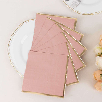 50-Pack Paper Beverage Napkins with Gold Foil Edge Dusty Rose - Disposable 2 Ply Cocktail Napkins for Events 6.5"x6.5"