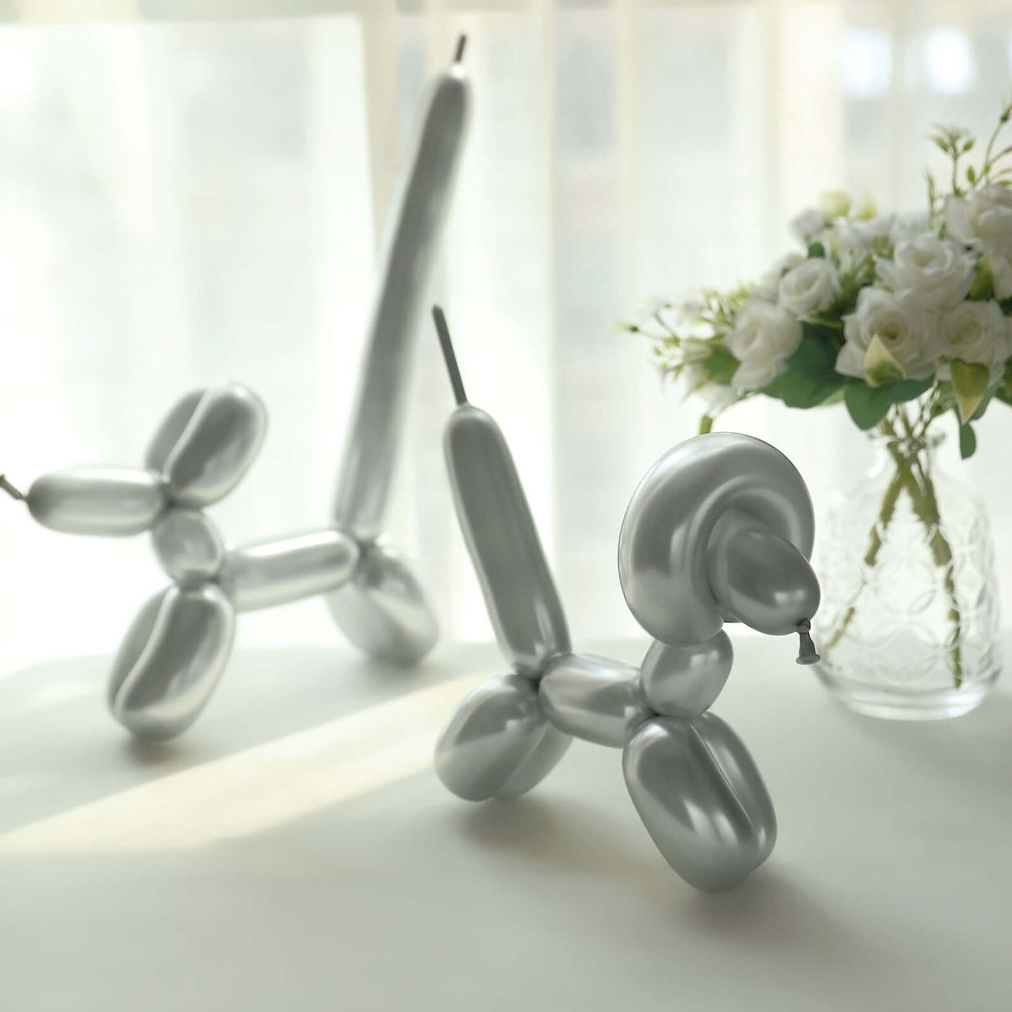 50 Pack Assorted Metallic Silver Long Latex Balloons For Twisting Magic, Animal Modelling Party Balloons