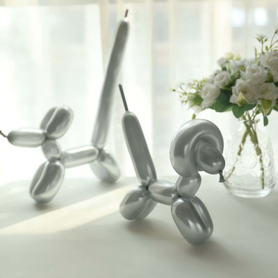 50 Pack Assorted Metallic Silver Long Latex Balloons For Twisting Magic, Animal Modelling Party Balloons