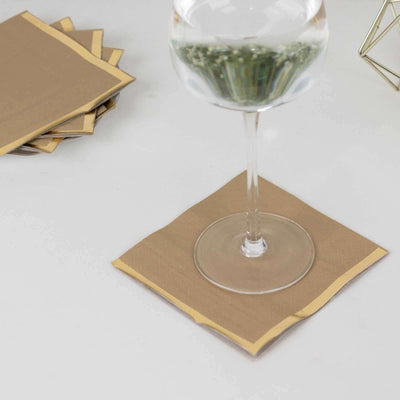 50-Pack Paper Beverage Napkins Natural with Gold Foil Edge - 2 Ply Disposable Soft 18GSM Cocktail Napkins 5"x5"