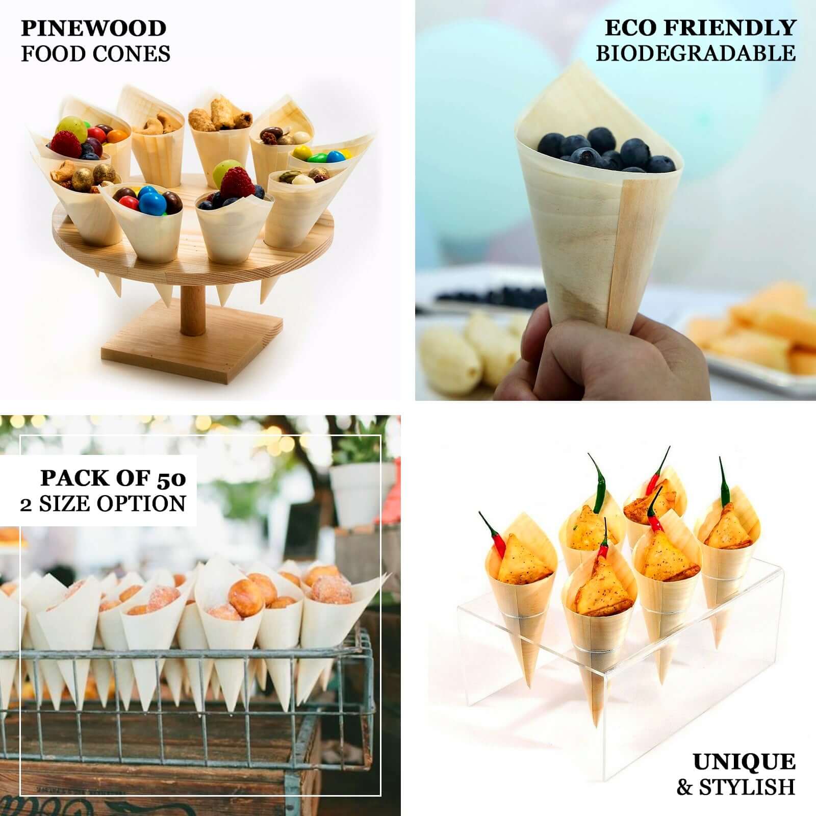 50 - Pack Pine Wood Food Cones Eco Friendly Natural Disposable Design - 100% Biodegradable Tasting Serving Cones 6" - Linen Luxes
