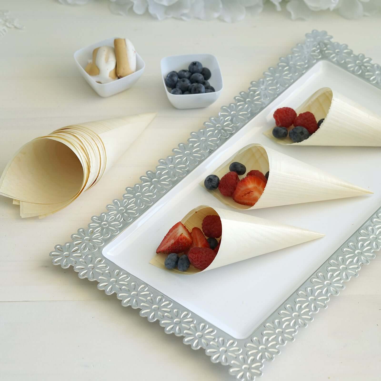 50 - Pack Pine Wood Food Cones Eco Friendly Natural Disposable Design - 100% Biodegradable Tasting Serving Cones 6" - Linen Luxes