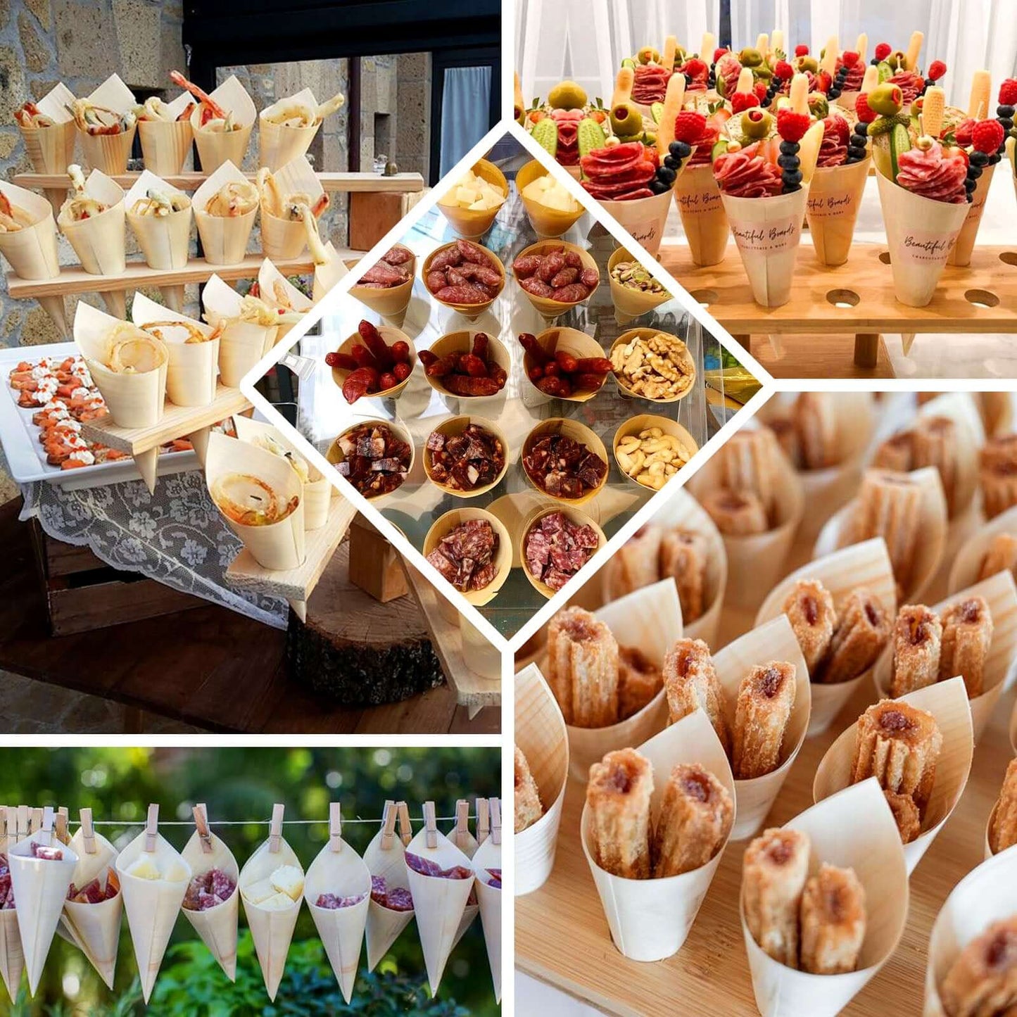 50 - Pack Pine Wood Food Cones Eco Friendly Natural Disposable Design - 100% Biodegradable Tasting Serving Cones 6" - Linen Luxes