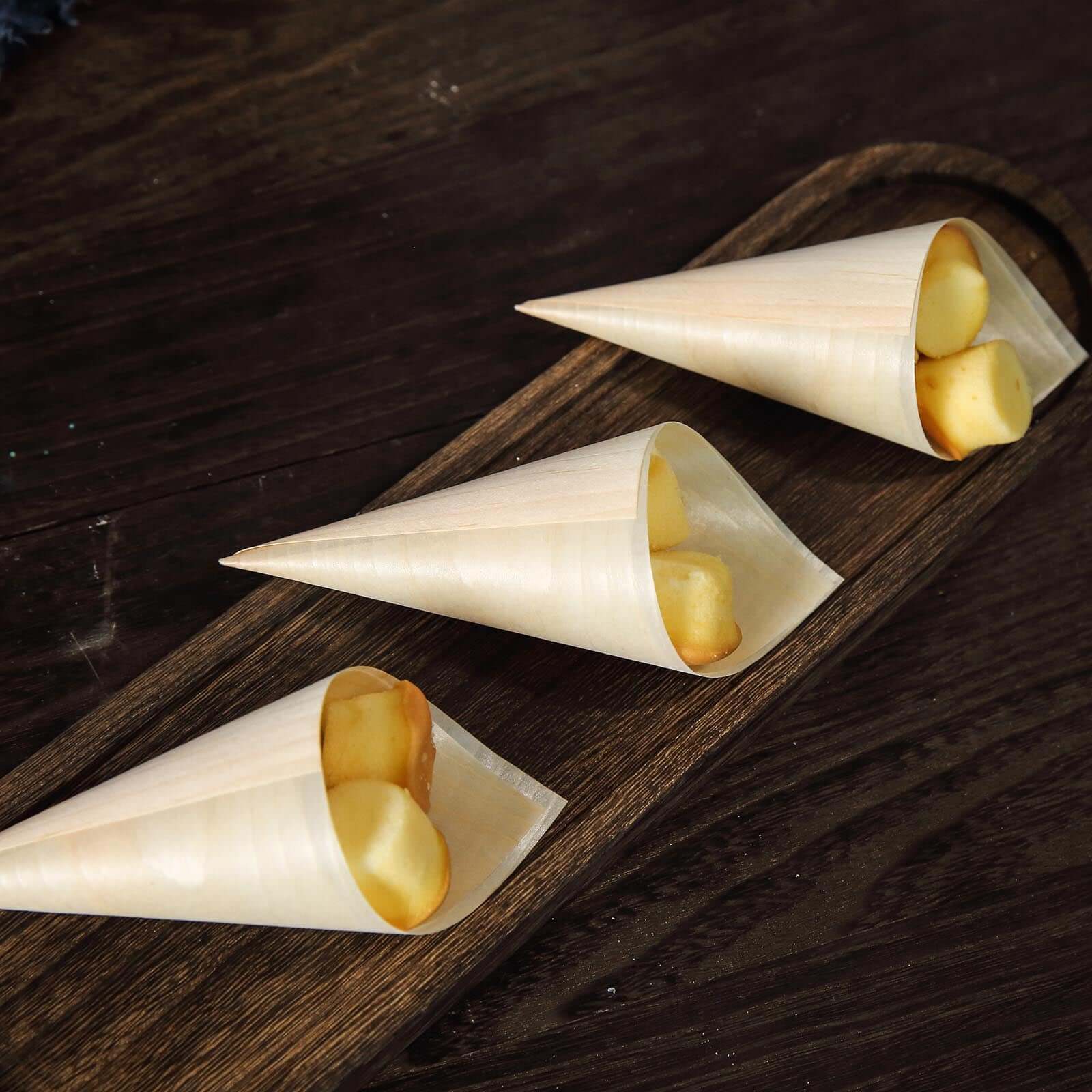 50 - Pack Pine Wood Food Cones Eco Friendly Natural Disposable Design - 100% Biodegradable Tasting Serving Cones 6" - Linen Luxes