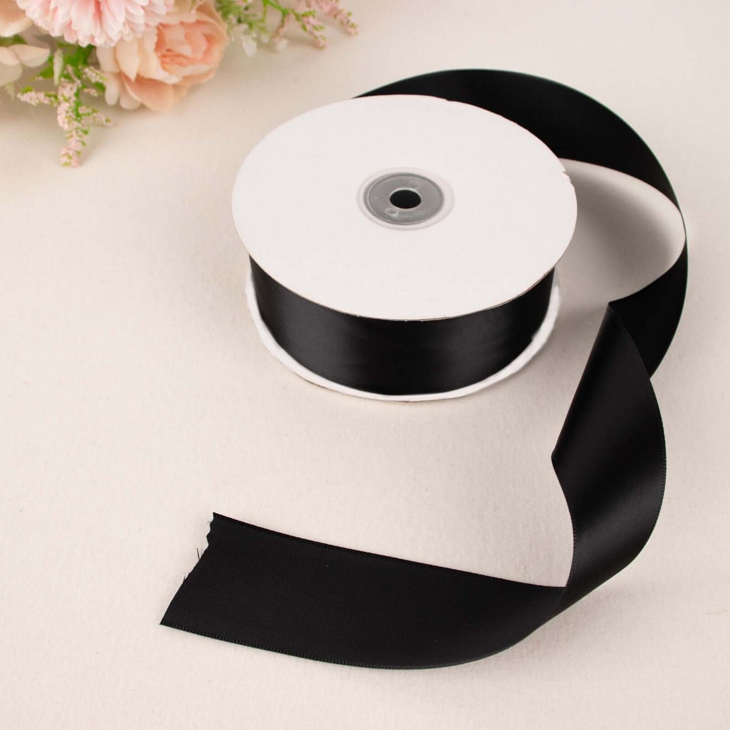50 Yards 1.5" Black Single Face Decorative Satin Ribbon - Linen Luxes