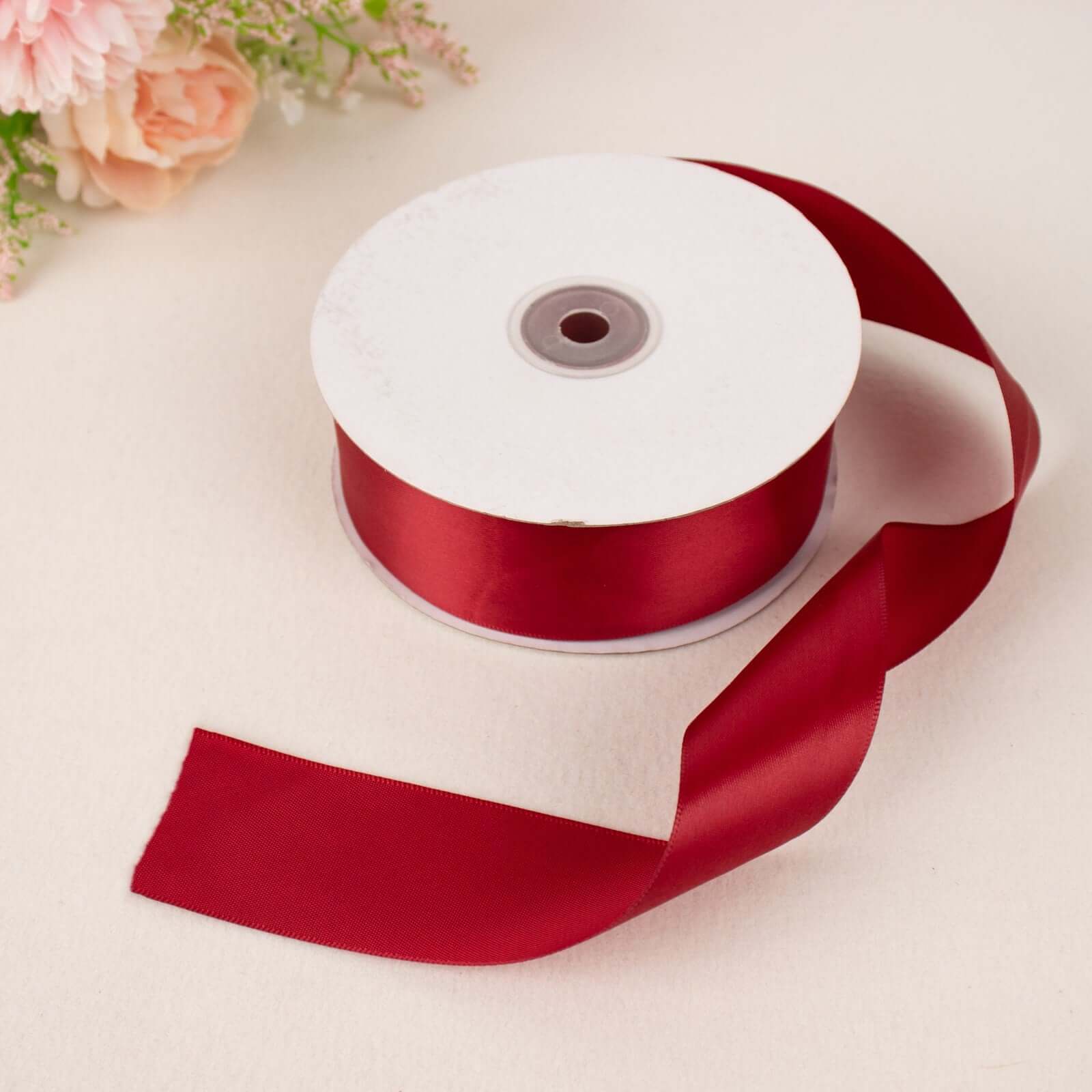 50 Yards 1.5" Burgundy Single Face Decorative Satin Ribbon - Linen Luxes