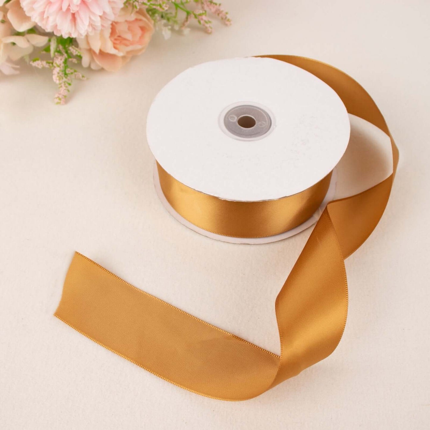 50 Yards 1.5" Gold Single Face Decorative Satin Ribbon - Linen Luxes