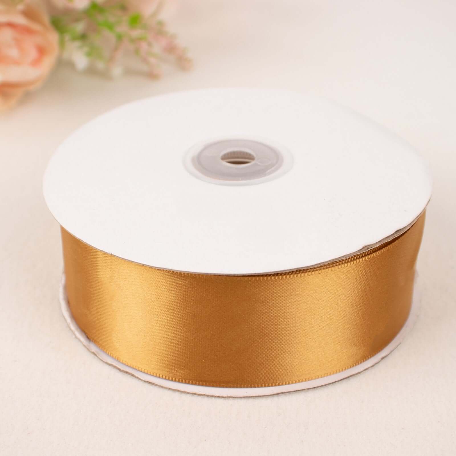 50 Yards 1.5" Gold Single Face Decorative Satin Ribbon - Linen Luxes