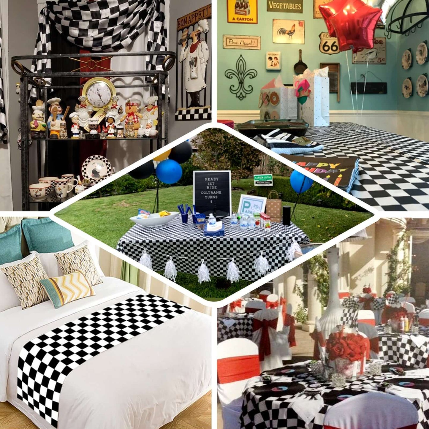 54"x10 Yards Black White Checkered Satin Fabric Bolt, DIY Craft Fabric Roll - Linen Luxes