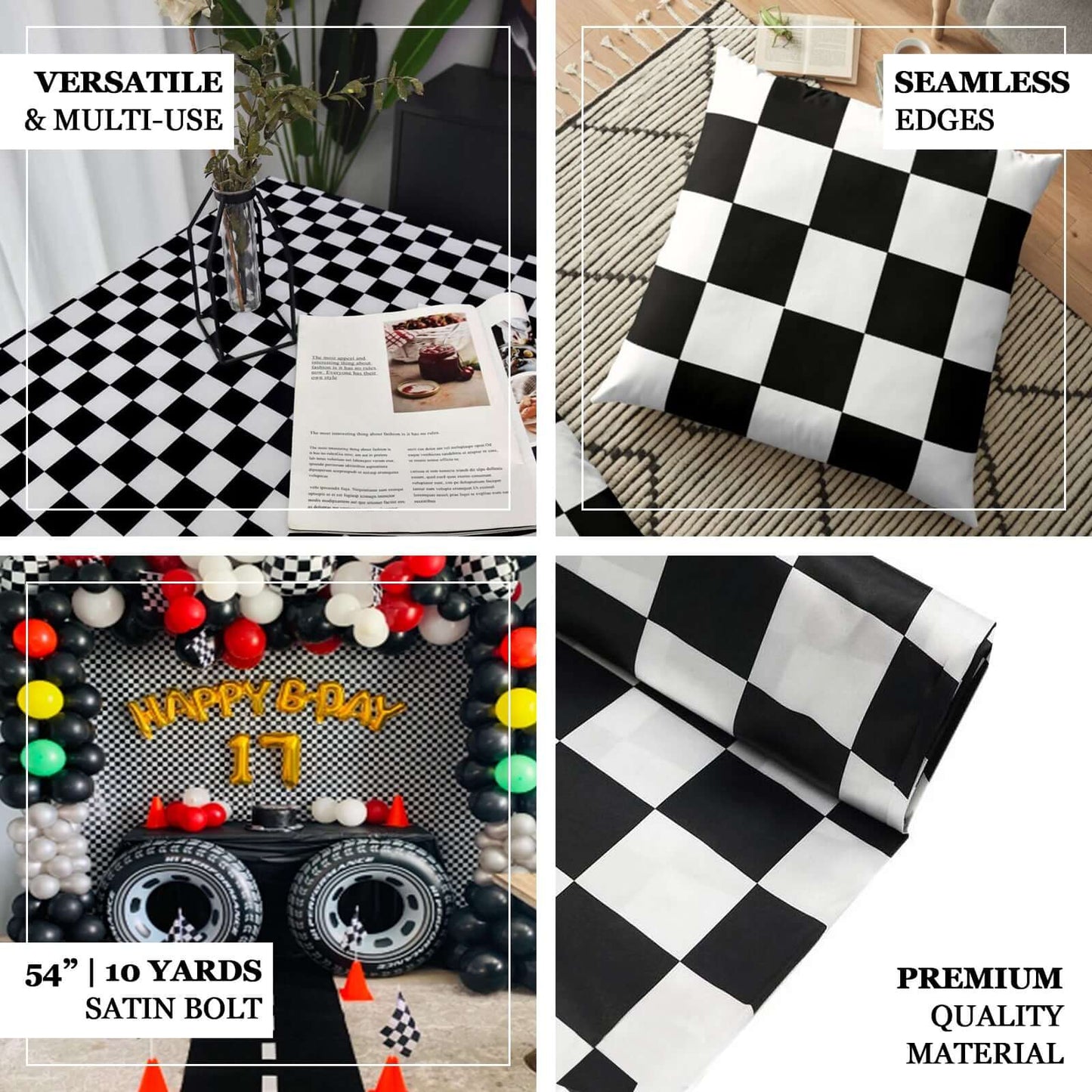 54"x10 Yards Black White Checkered Satin Fabric Bolt, DIY Craft Fabric Roll - Linen Luxes