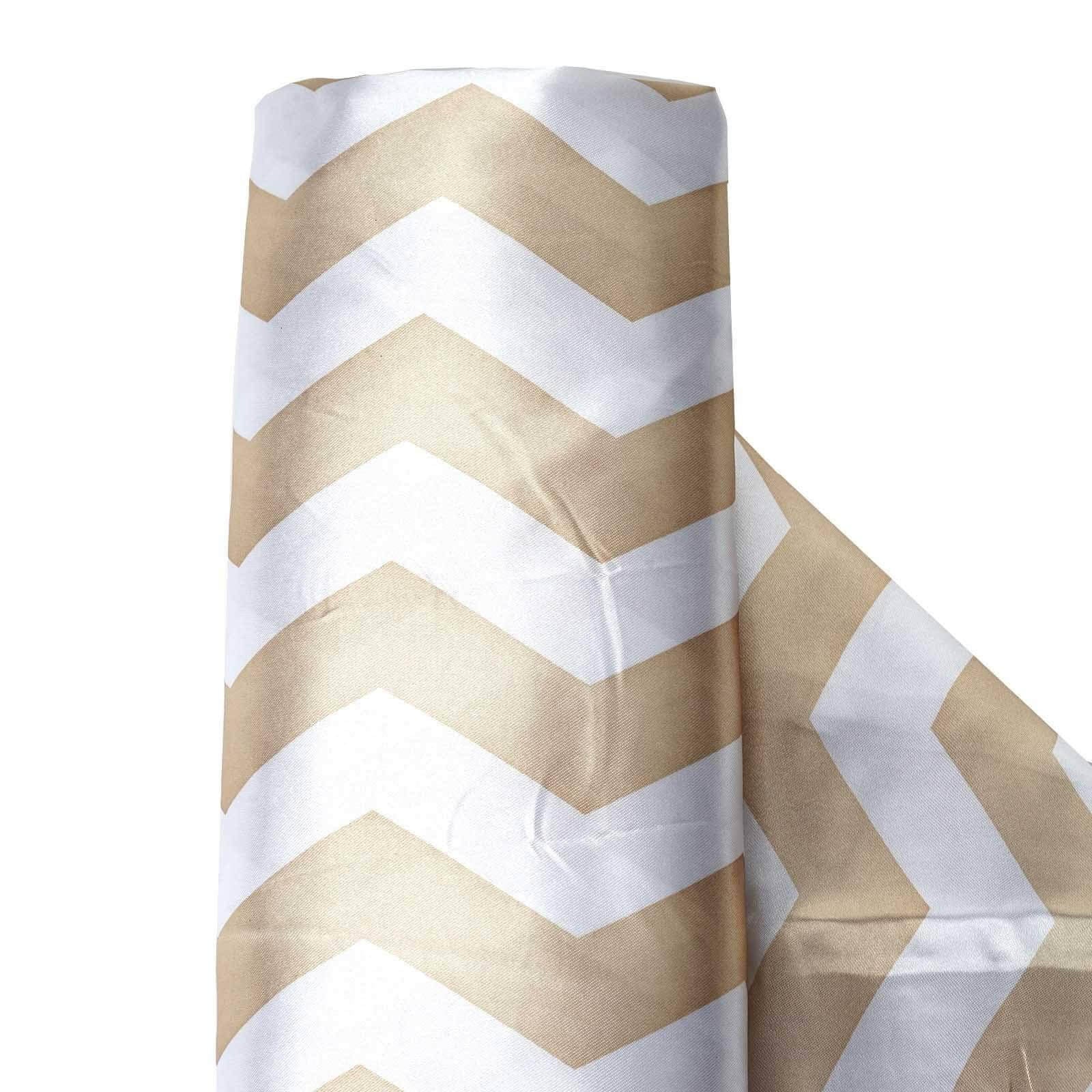 54"x10 Yards Champagne White Chevron Print Satin Fabric Roll, Zig Zag DIY Craft Fabric Bolt - Linen Luxes