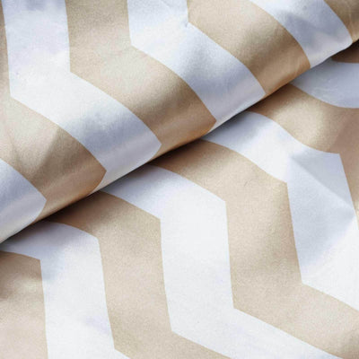 54"x10 Yards Champagne White Chevron Print Satin Fabric Roll, Zig Zag DIY Craft Fabric Bolt - Linen Luxes