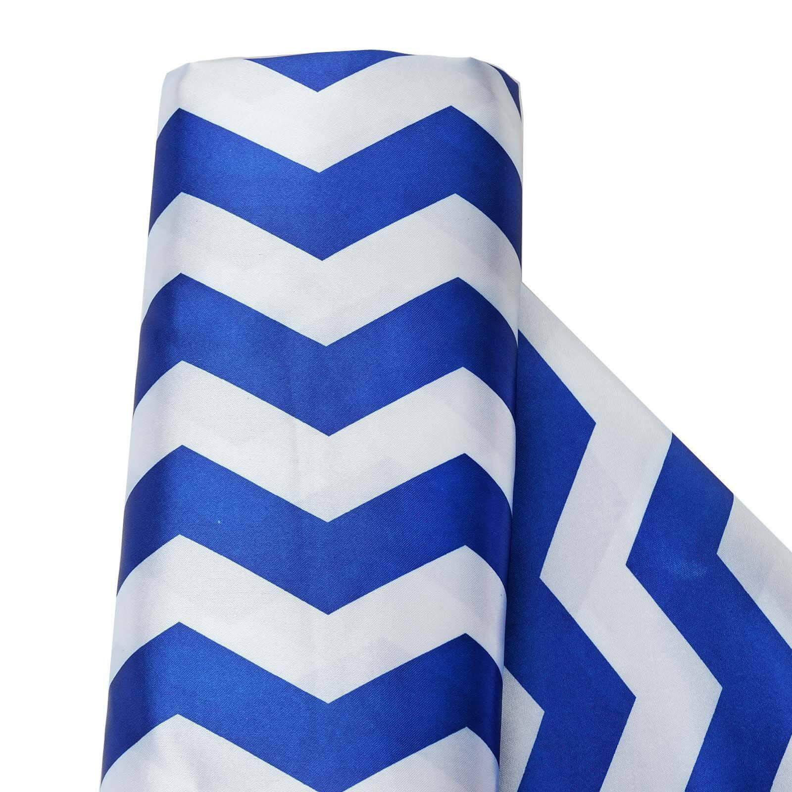 54"x10 Yards Royal Blue White Chevron Print Satin Fabric Roll, Zig Zag DIY Craft Fabric Bolt - Linen Luxes