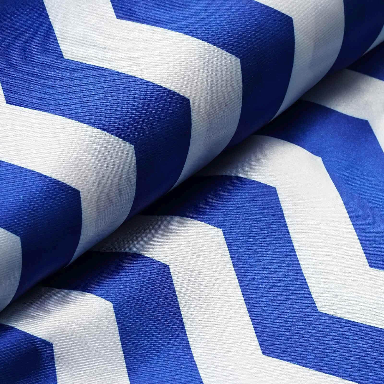 54"x10 Yards Royal Blue White Chevron Print Satin Fabric Roll, Zig Zag DIY Craft Fabric Bolt - Linen Luxes