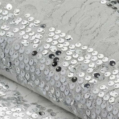 54"x4 Yards White With Silver Sequin Parallels Lace Fabric Bolt, DIY Craft Fabric Roll - Linen Luxes