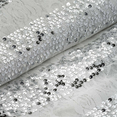 54"x4 Yards White With Silver Sequin Parallels Lace Fabric Bolt, DIY Craft Fabric Roll - Linen Luxes