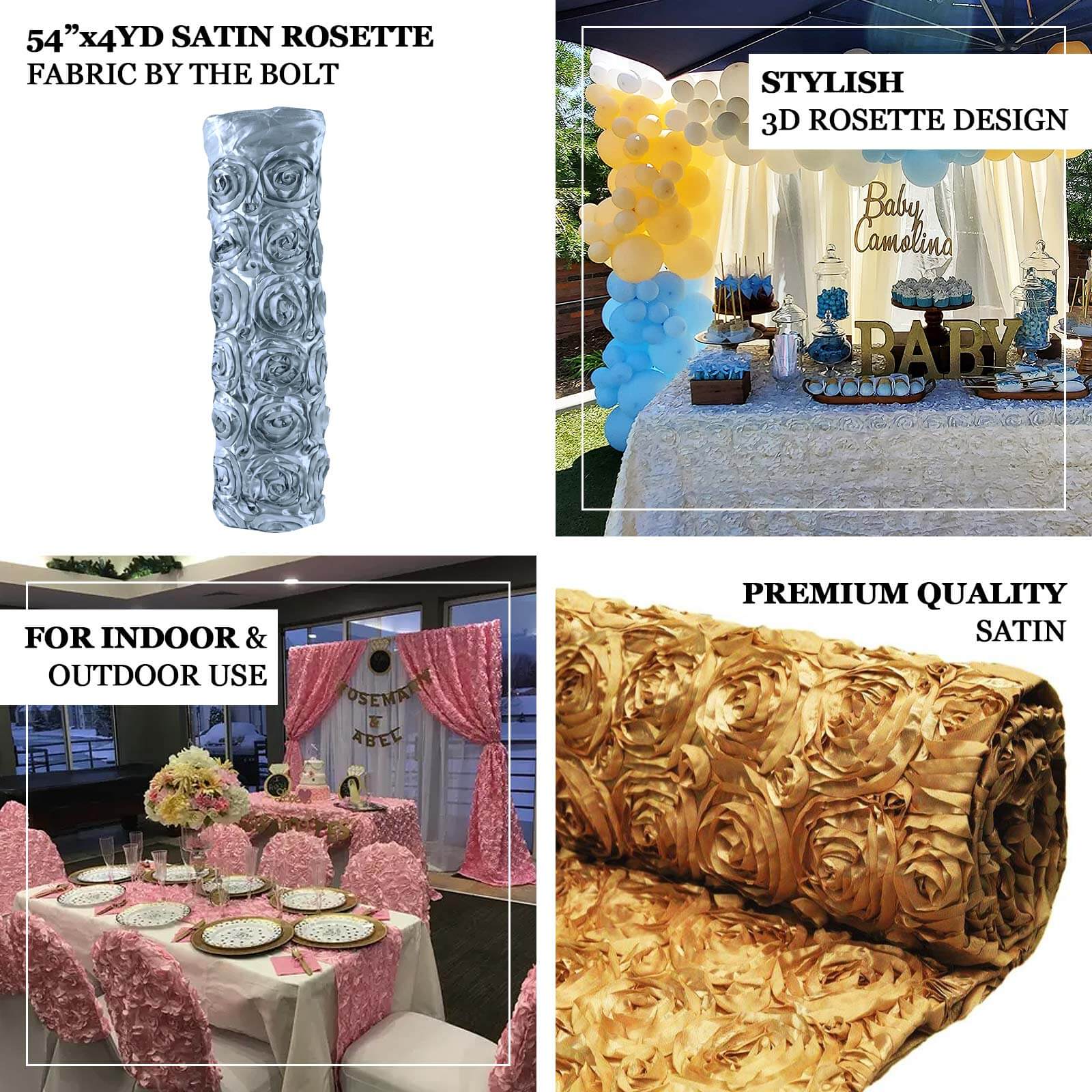 54"x4yd White Satin Rosette Fabric By The Bolt, DIY Craft Fabric Roll - Linen Luxes