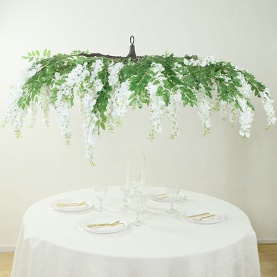 55" White Artificial Silk Wisteria Vine Round Hanging Canopy, Draping Garland Flower Chandelier With Interchangeable Branches