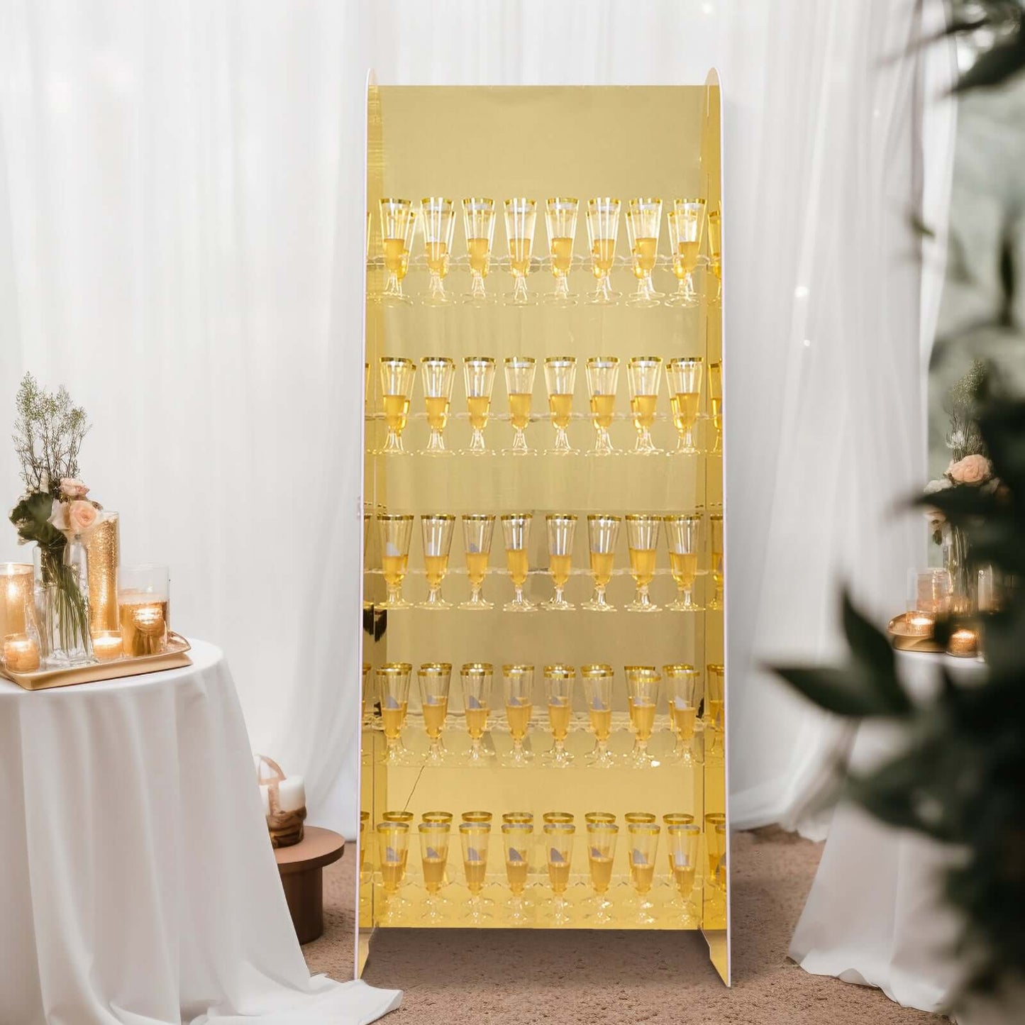 5-Tier Champagne Wall Glass Holder in Gold Mirror Finish, 40 Stemware Rack Cocktail Display Drink Organizer for Classy Events & Banquets 5ft