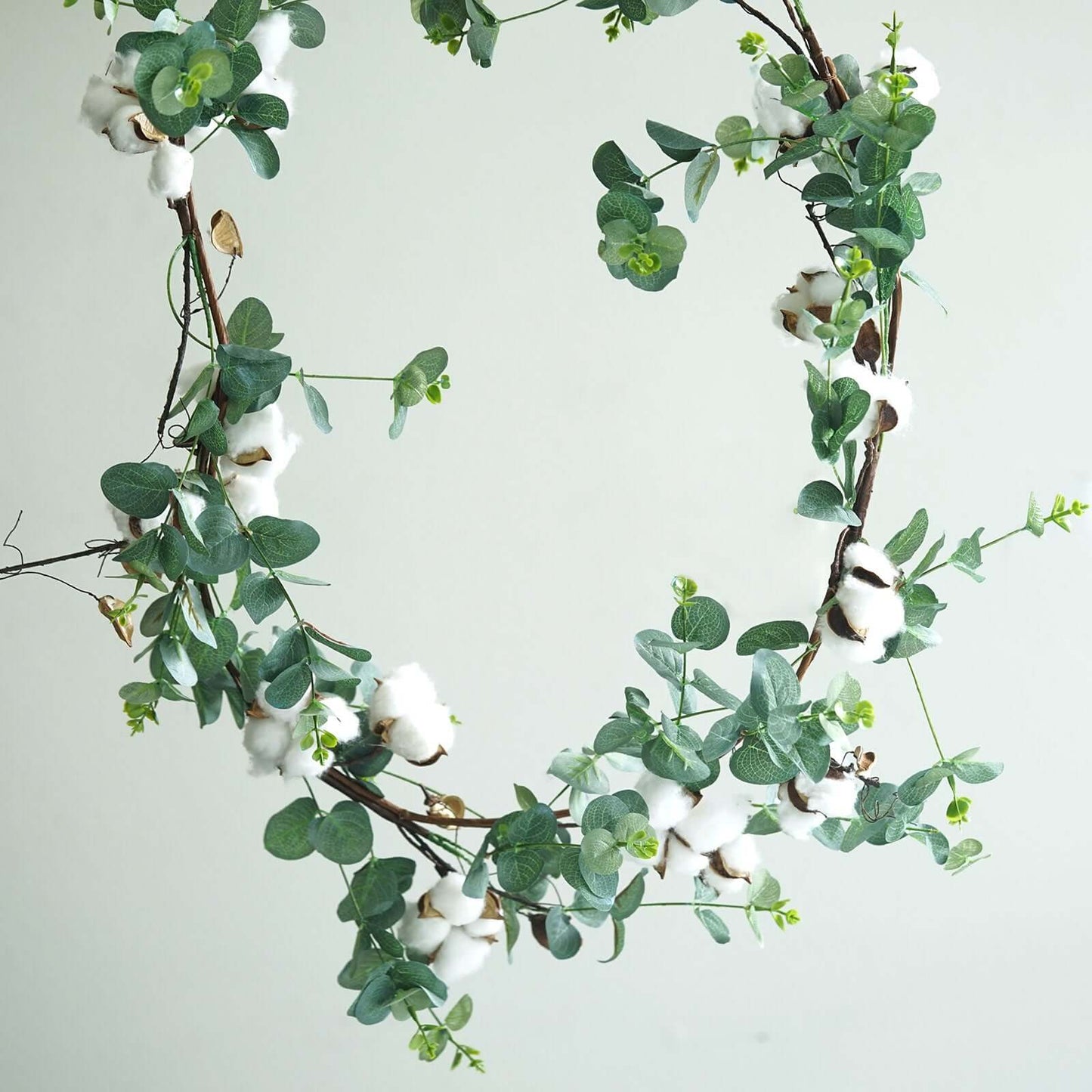 5ft Green Artificial Eucalyptus Leaf, White Cotton Ball Garland Vine - Linen Luxes
