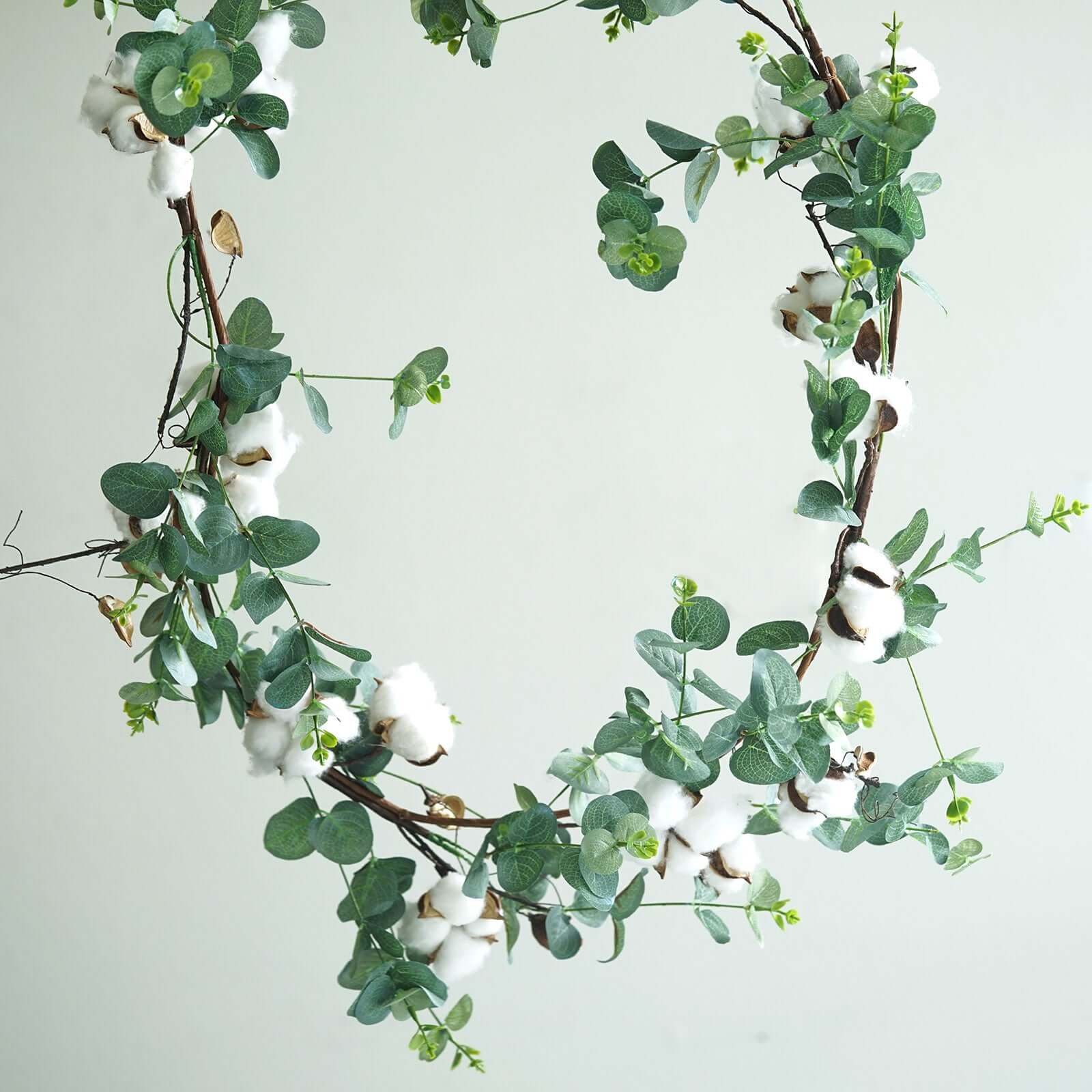 5ft Green Artificial Eucalyptus Leaf, White Cotton Ball Garland Vine - Linen Luxes