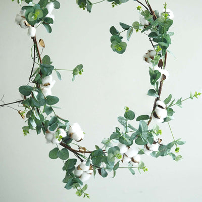 5ft Green Artificial Eucalyptus Leaf, White Cotton Ball Garland Vine - Linen Luxes