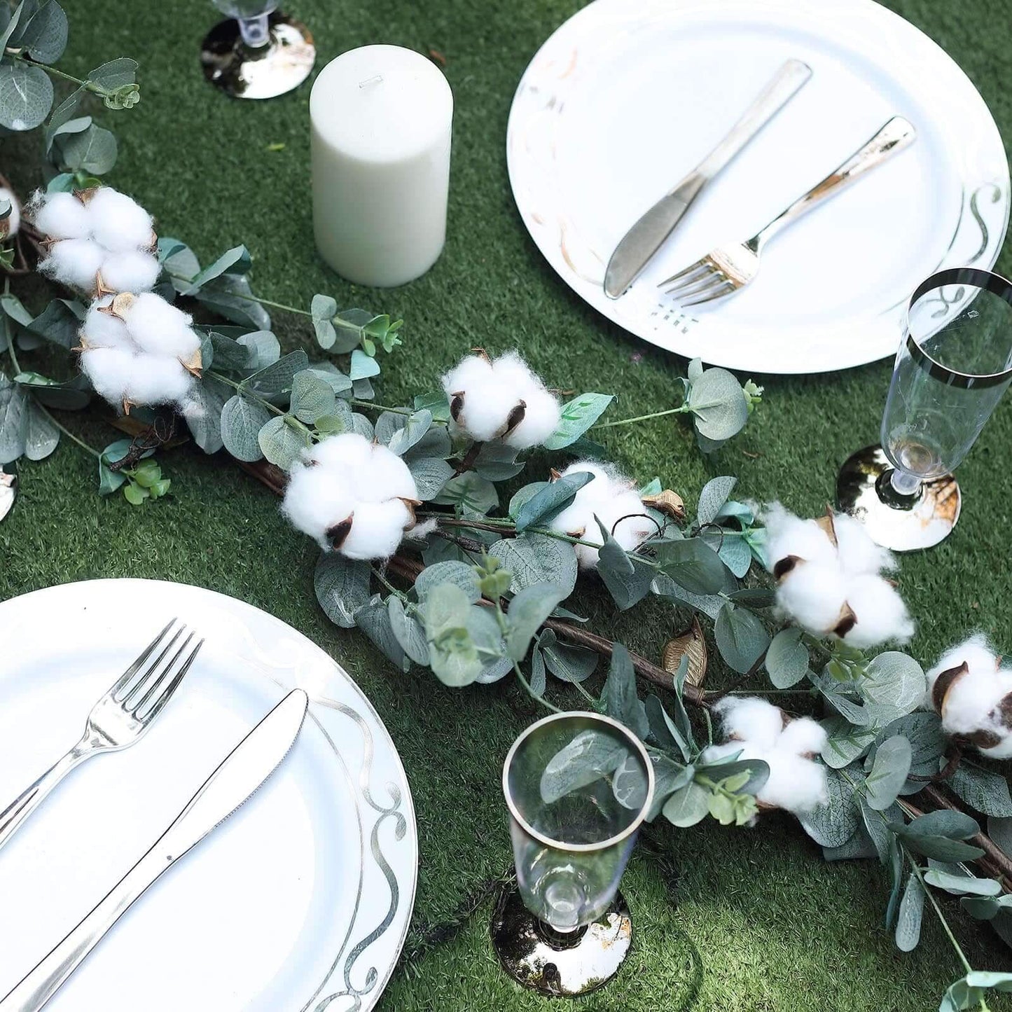 5ft Green Artificial Eucalyptus Leaf, White Cotton Ball Garland Vine - Linen Luxes