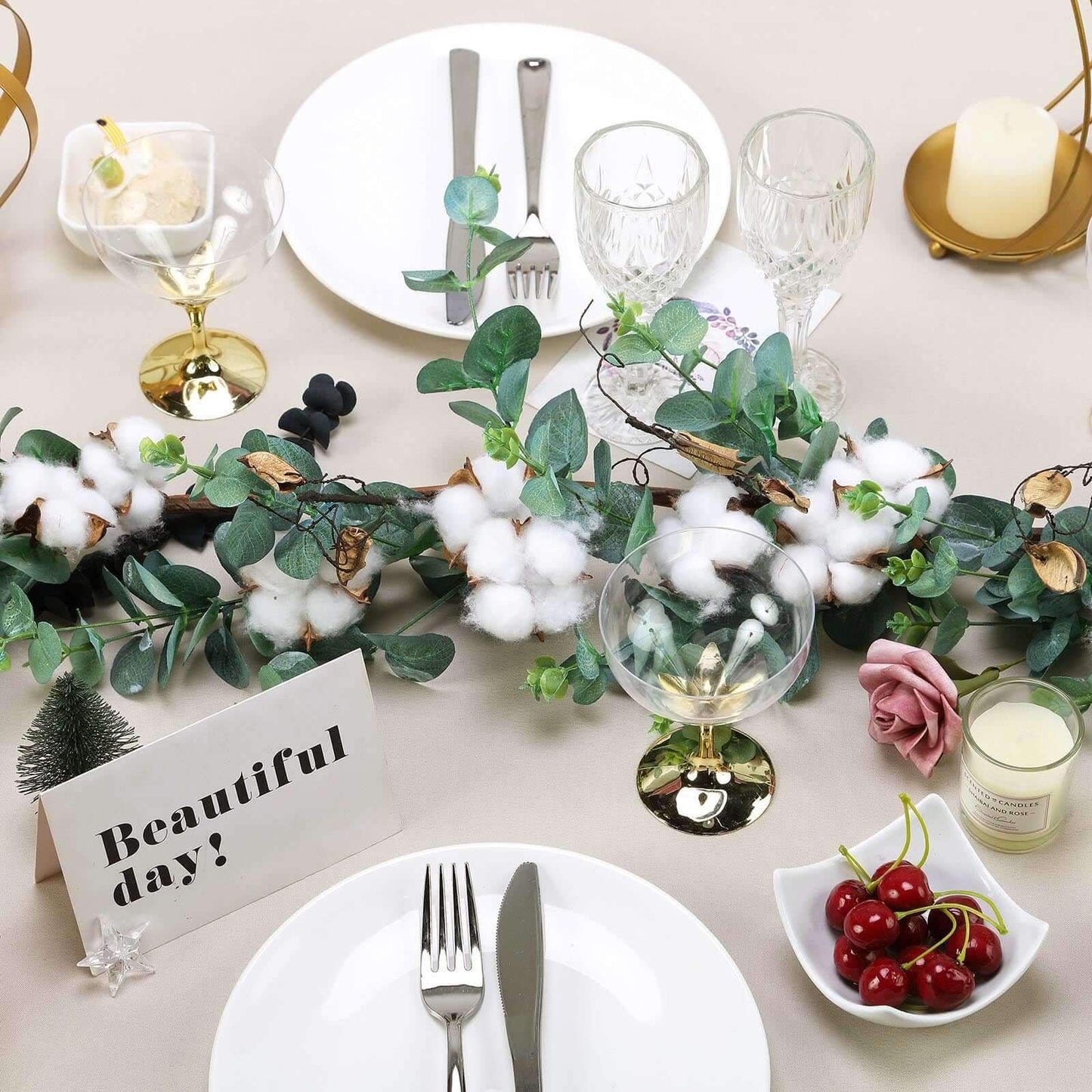 5ft Green Artificial Eucalyptus Leaf, White Cotton Ball Garland Vine - Linen Luxes