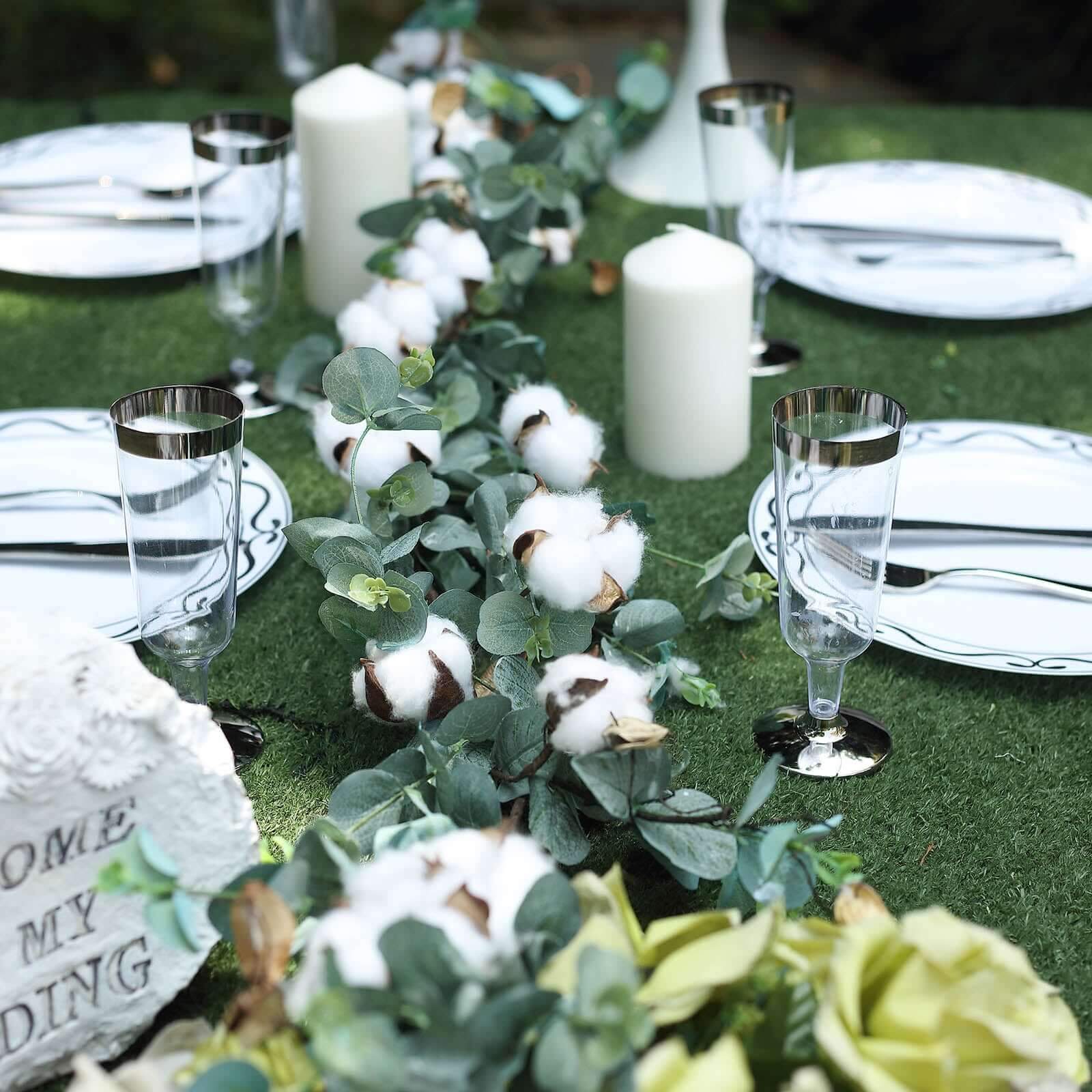 5ft Green Artificial Eucalyptus Leaf, White Cotton Ball Garland Vine - Linen Luxes