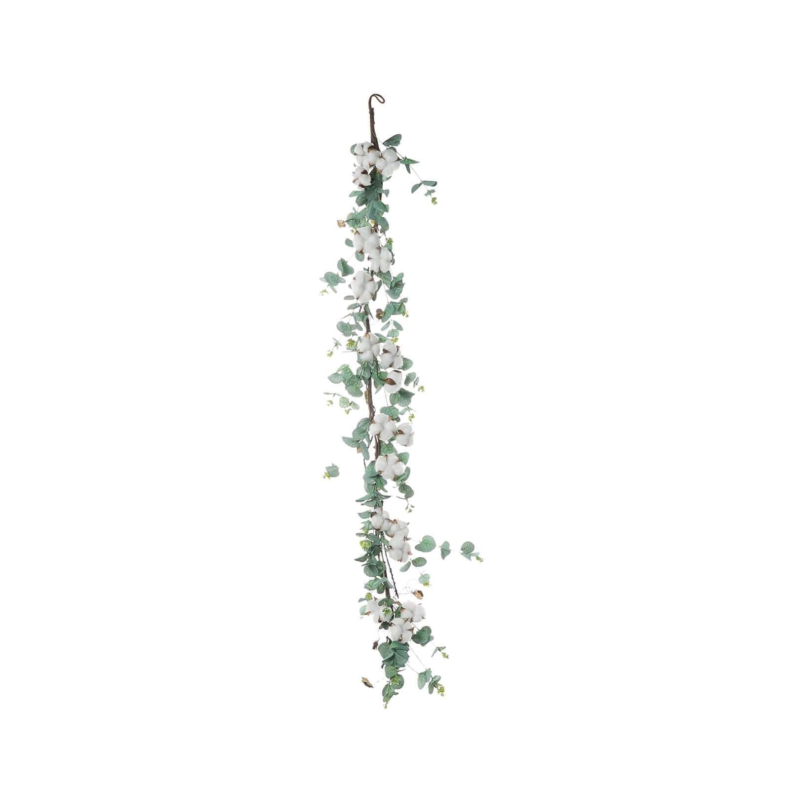 5ft Green Artificial Eucalyptus Leaf, White Cotton Ball Garland Vine - Linen Luxes