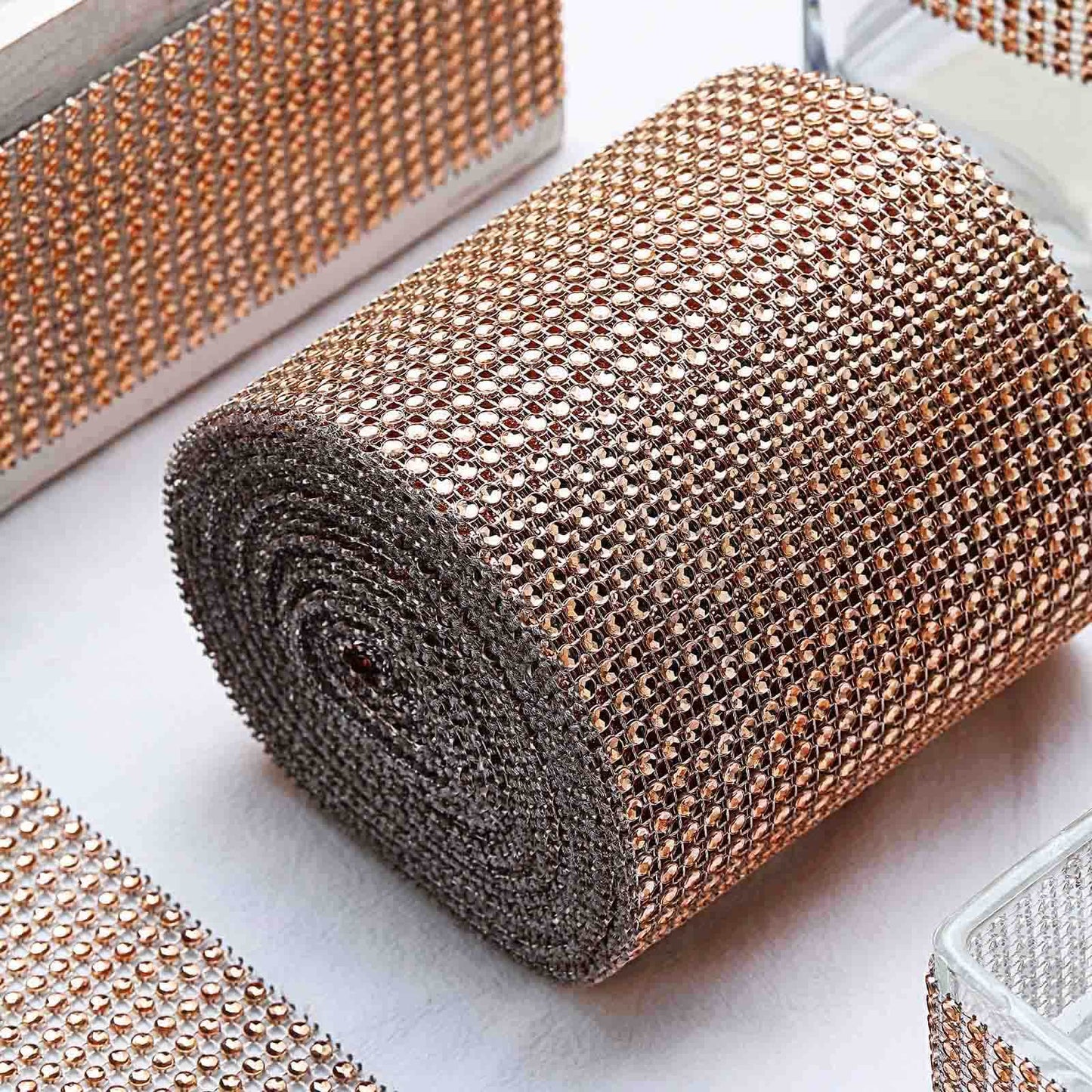 5"x10 Yards Shiny Champagne Diamond Rhinestone Ribbon Wrap Roll, DIY Craft Decor - Linen Luxes