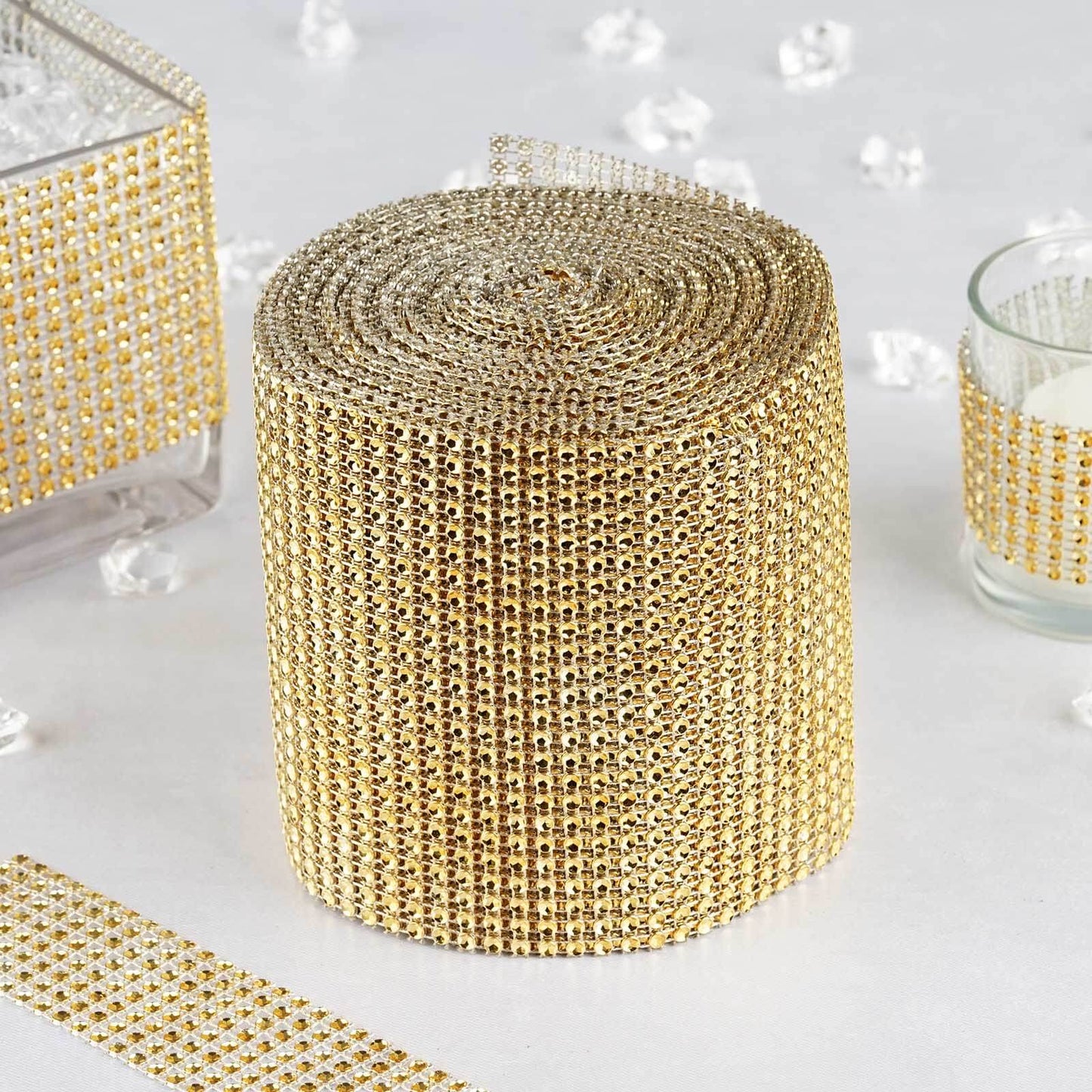5"x10 Yards Shiny Gold Diamond Rhinestone Ribbon Wrap Roll, DIY Craft Decor - Linen Luxes