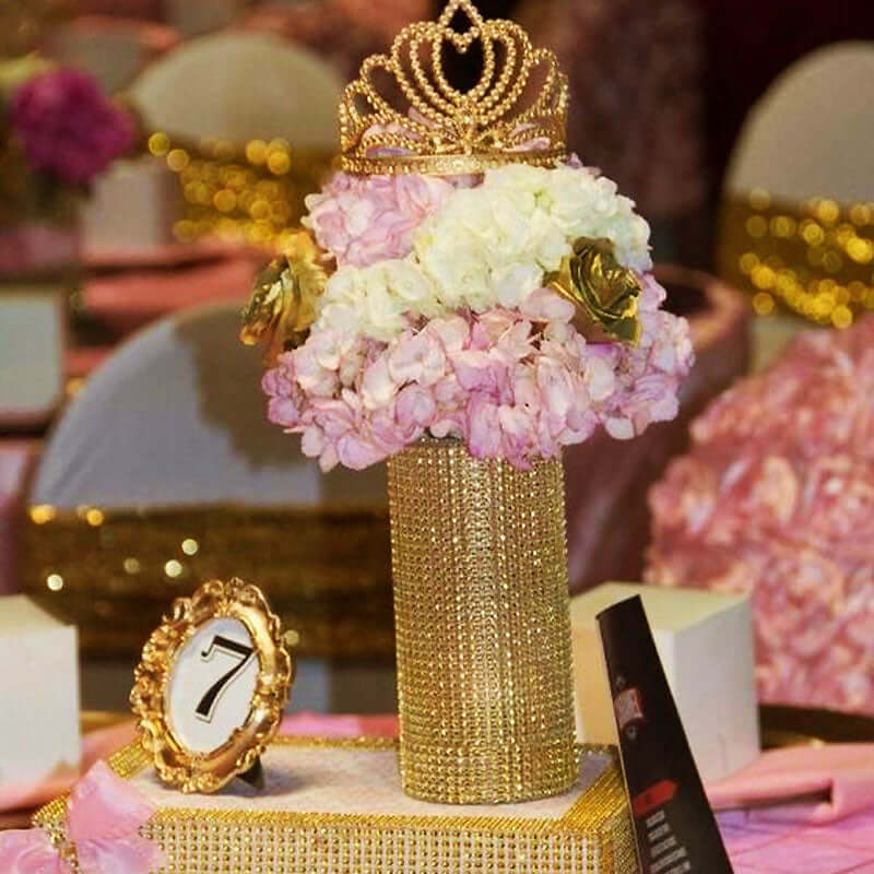 5"x10 Yards Shiny Gold Diamond Rhinestone Ribbon Wrap Roll, DIY Craft Decor - Linen Luxes