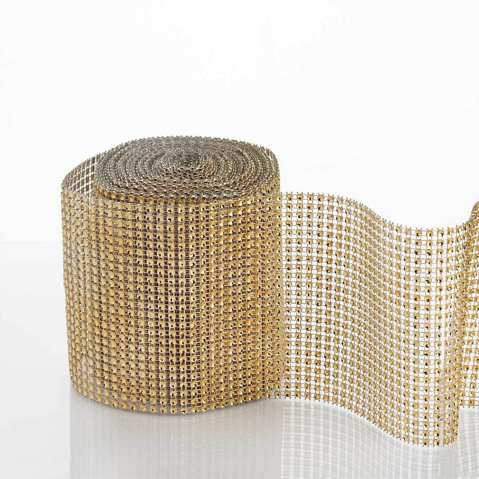 5"x10 Yards Shiny Gold Diamond Rhinestone Ribbon Wrap Roll, DIY Craft Decor - Linen Luxes