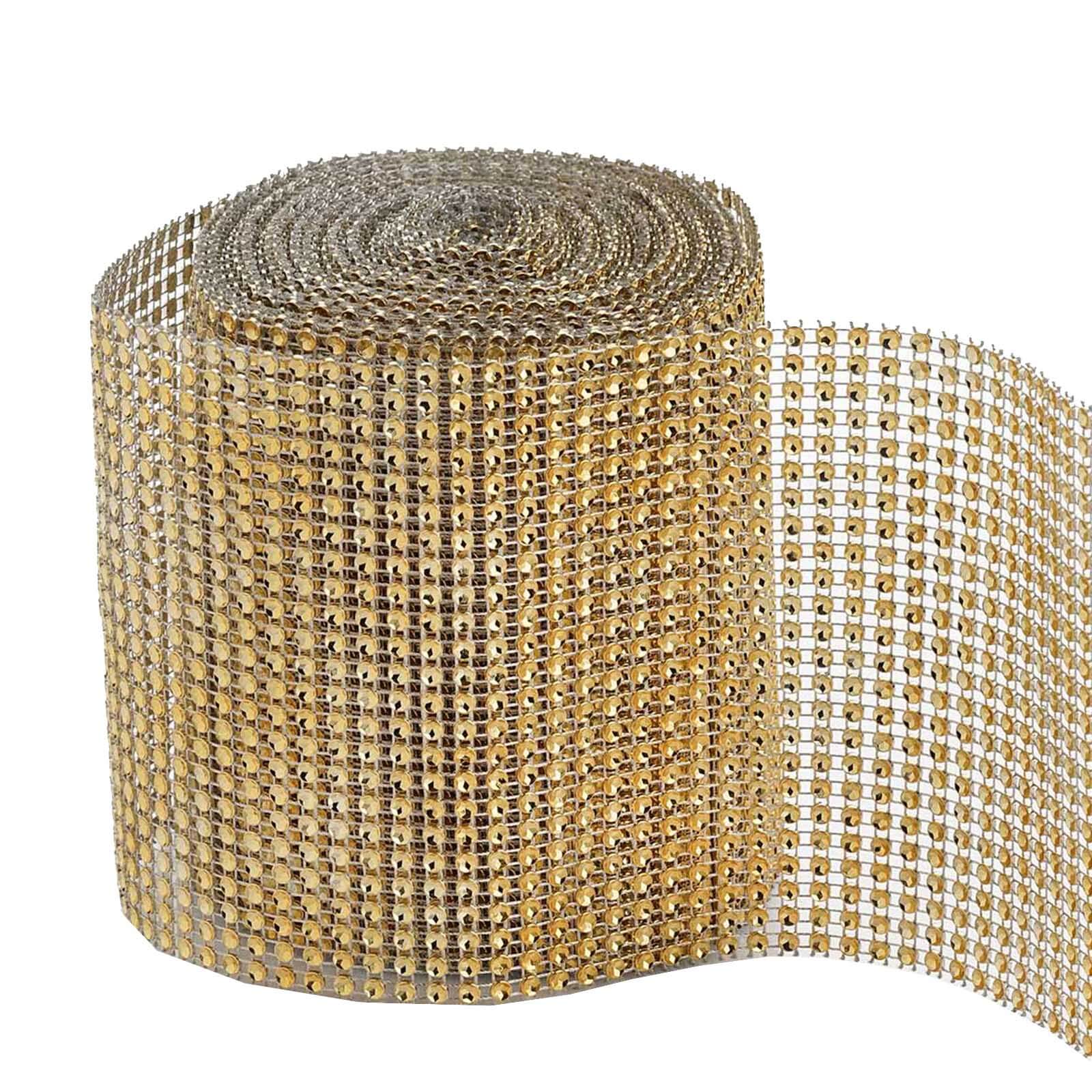 5"x10 Yards Shiny Gold Diamond Rhinestone Ribbon Wrap Roll, DIY Craft Decor - Linen Luxes
