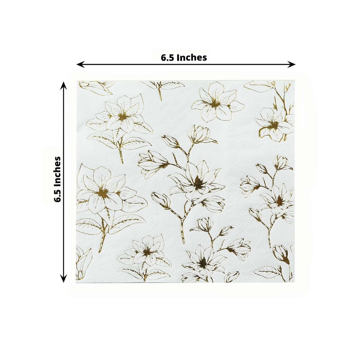 50-Pack Paper Cocktail Napkins with Gold Magnolia Flowers Print White - Highly 2 Ply Absorbent Soft Napkins for Beverages