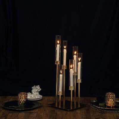 6 - Arm Cluster Taper Candle Holder Gold with Clear Glass Shades - Sleek Candle Display for Gatherings 24" - Linen Luxes