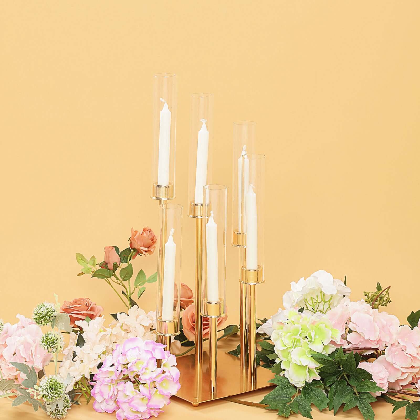 6 - Arm Cluster Taper Candle Holder Gold with Clear Glass Shades - Sleek Candle Display for Gatherings 24" - Linen Luxes