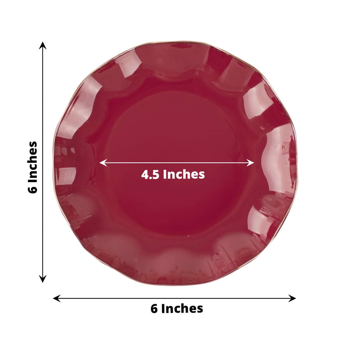 10-Pack Plastic Round 6" Dessert Plates in Burgundy Ruffled Rim with Gold Edging - Sturdy Disposable Salad Appetizer Dinnerware