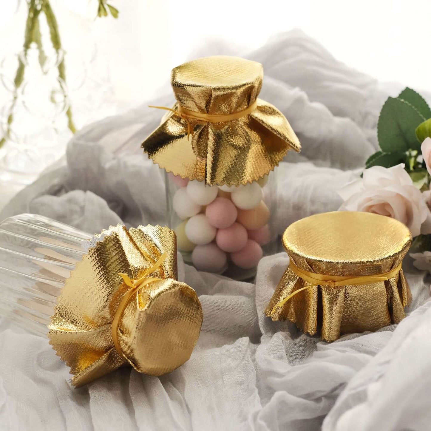 6-Pack Jar Covers Metallic Gold Round Lame Fabric Design with Satin Tie String - DIY Party Favors & Craft Supplies 6"