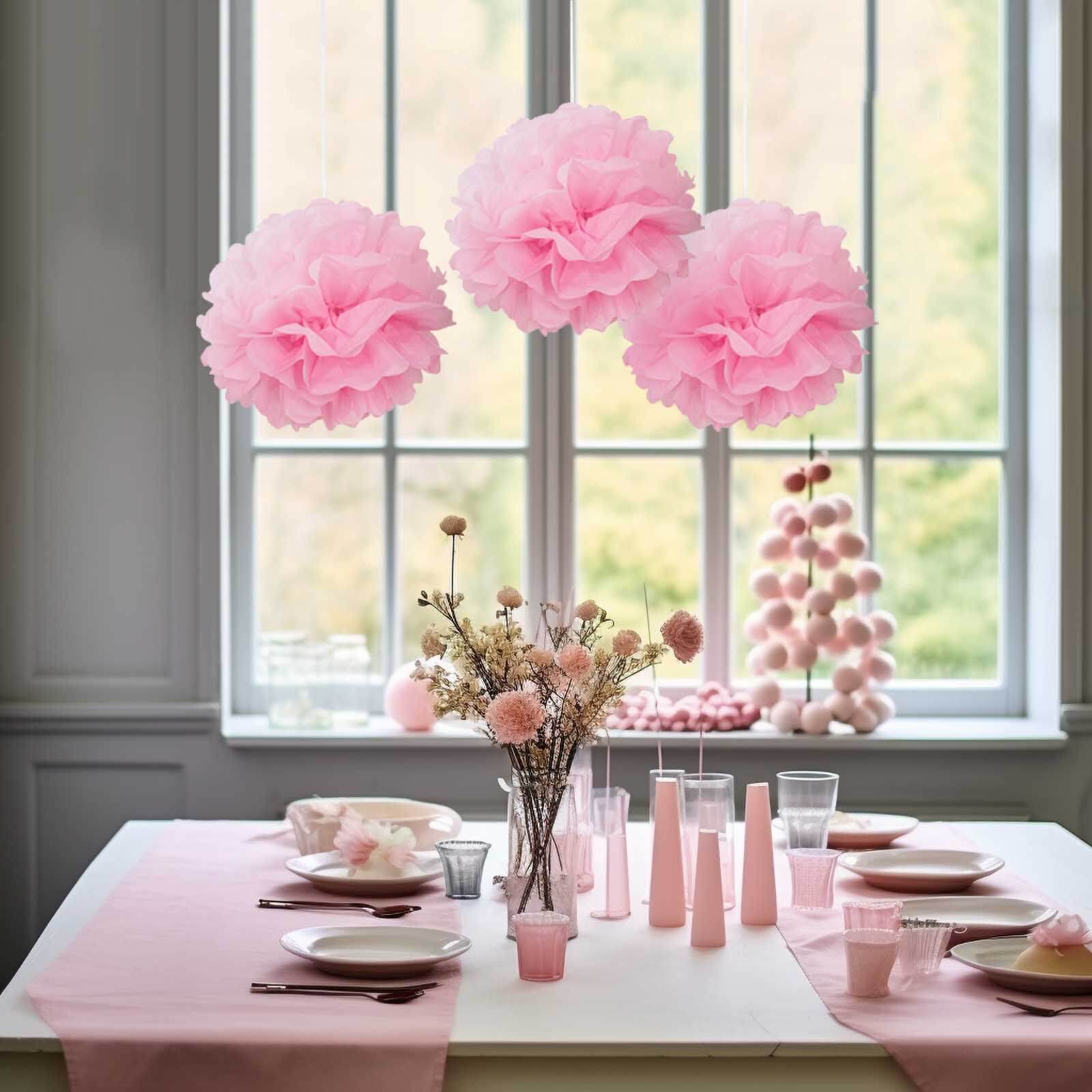 6 Pack 10" Pink Tissue Paper Pom Poms Flower Balls, Ceiling Wall Hanging Decorations - Linen Luxes
