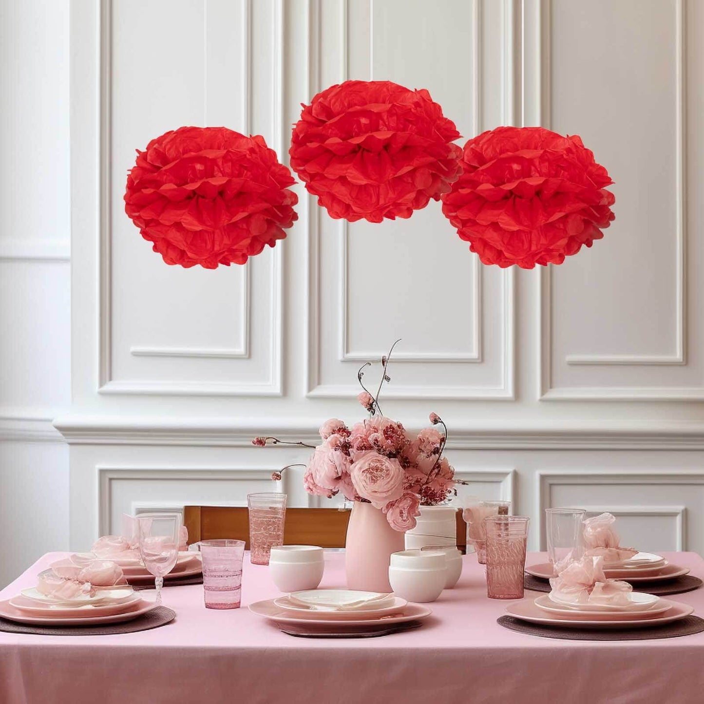 6 Pack 10" Red Tissue Paper Pom Poms Flower Balls, Ceiling Wall Hanging Decorations - Linen Luxes