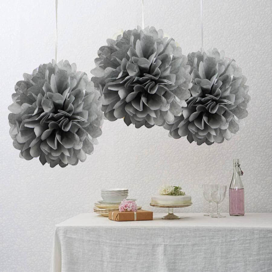 6 Pack 10" Silver Tissue Paper Pom Poms Flower Balls, Ceiling Wall Hanging Decorations - Linen Luxes